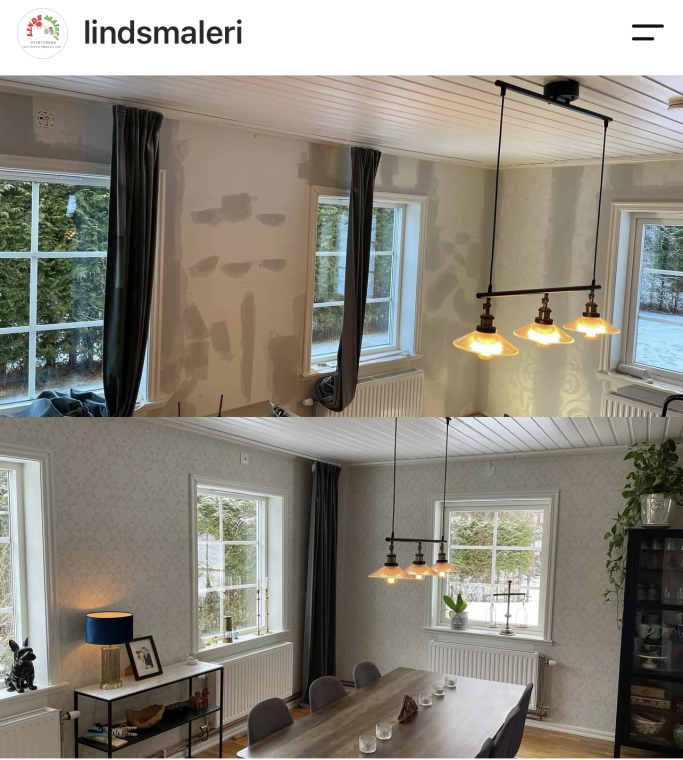 Den här kunden i Gävle ville ha ett tapetserat vardagsrum. Före och efterbilden visar på skillnaden. Spackling, målning och tapetsering